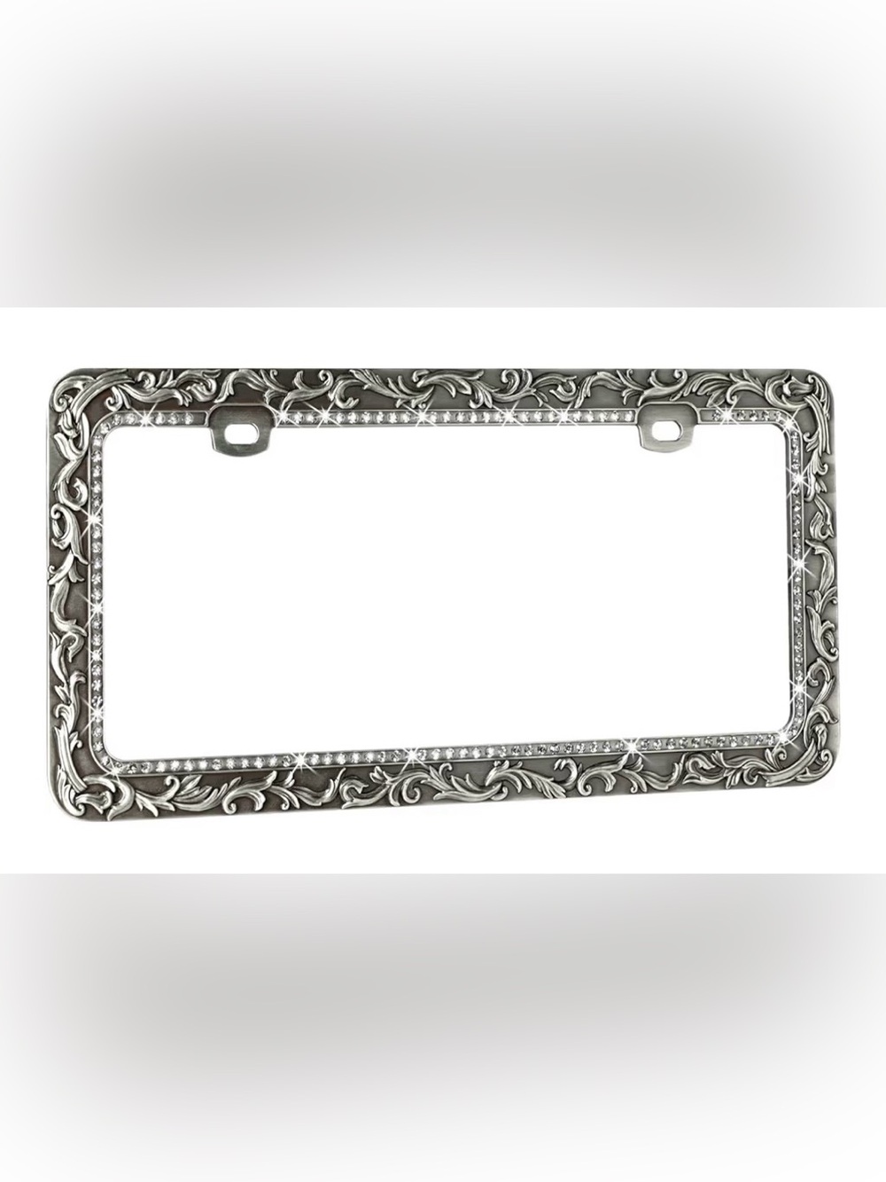 Ornate Silver Premium Heavy License Plate Frame with Rhinestone Accent